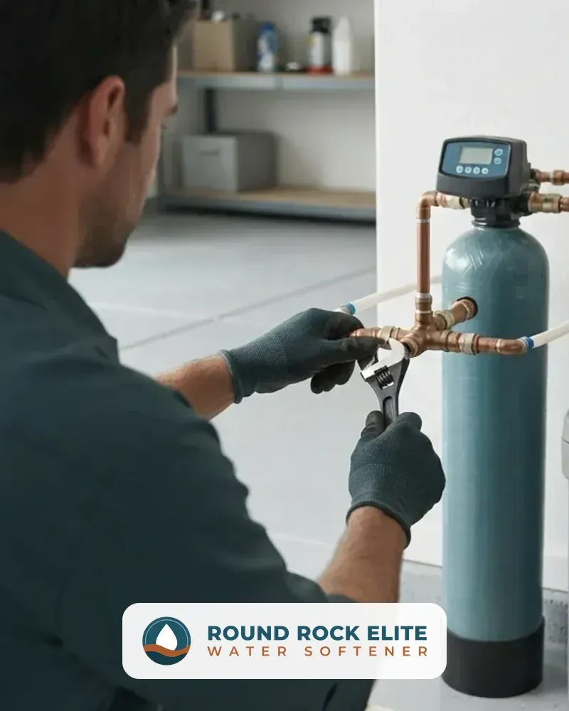 Technician installing a water softener in a Round Rock TX home