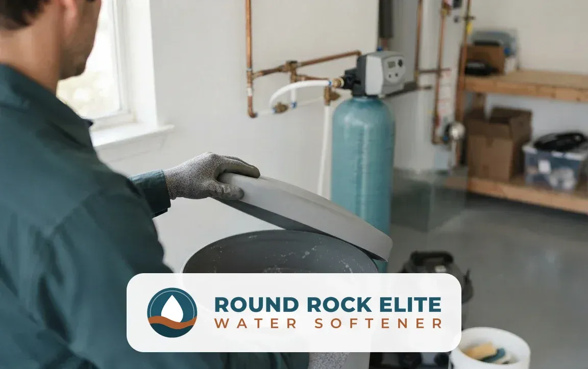 Water softener maintenance Round Rock TX technician checking brine tank